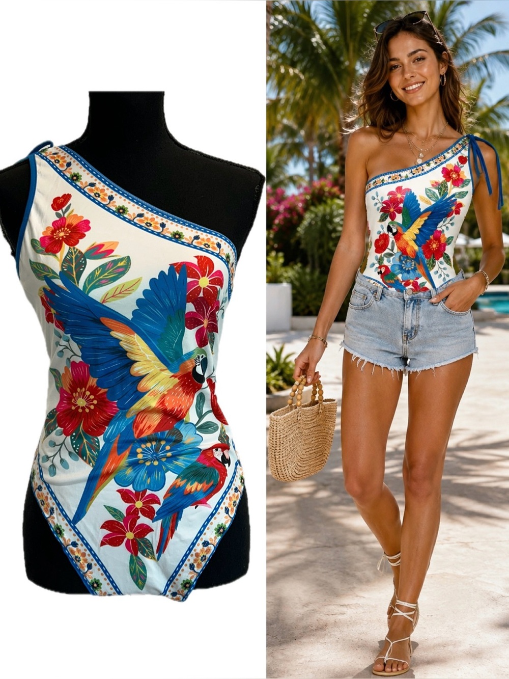 Tropical Parrot Floral One-Shoulder Bodysuit Blue Trim Resort Vacation Size L